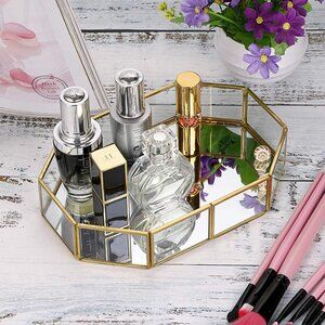 Gold Mirror Vanity Tray Perfume/Makeup Octagonal Trinket Organizer 8"x5.7"